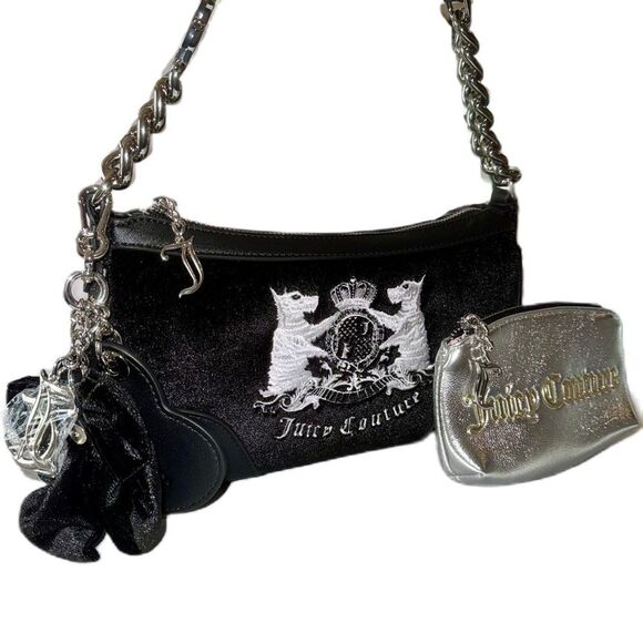 Juicy Couture Black Velour Hollyhock Chain Link Strap Shoulder Bag w/ Mini Pouch - Picture 3 of 16